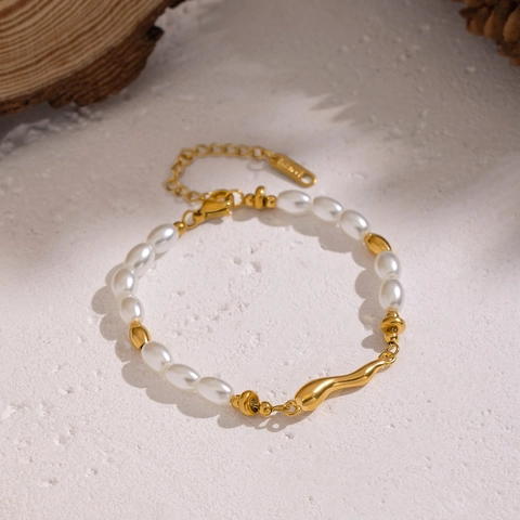 Artificial Baroque Pearl Beaded Bracelet 18K Gold Plated Stainless Steel Irregular Metal Elegant Luxury Jewelry For Women
