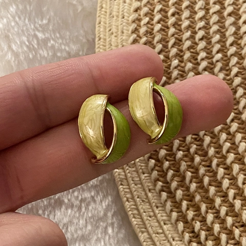 Stainless Steel Stud Earrings For Women Chic Geometric Twisted Leaf Enamel Contrast Color Marble Pattern Gold Plated Edge