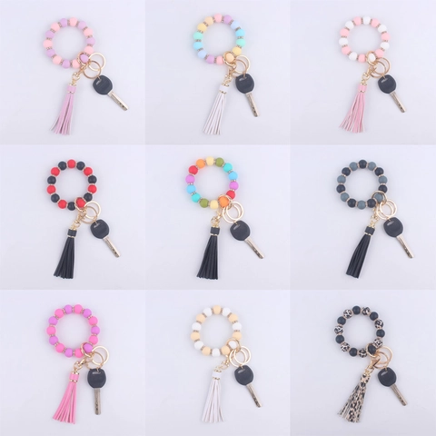 Bracelet Porte-clés en Perles de Silicone Avec Gland en Similicuir et Entretoises en Strass Fait à la Main Bijoux Femme