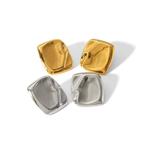 Square Stud Earrings Stainless Steel 18K Gold Plated Irregular Liquid Metal Texture Geometric Minimalist Fashion For Women