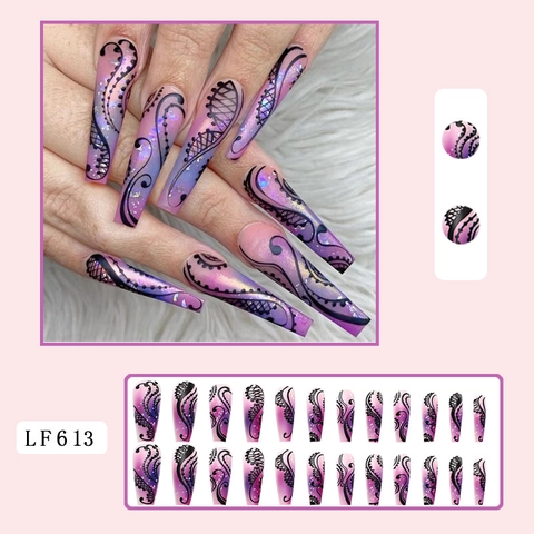Unghie Finte Lunghe Forma Bara Sfumato Viola Rosa Pizzo Nero Vite Galassia Brillantini Strass Per Donne