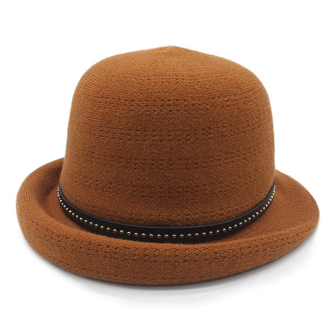 Vintage Knit Bucket Hat Women Autumn Winter Warm Cloche Elegant Round Top With Rivet Decorative Band Retro Style