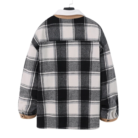 Men Plaid Flannel Shacket Corduroy Patchwork Pocket Long Sleeve Button Down Casual Jacket Outerwear