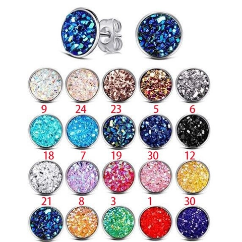Round Druzy Stud Earrings Stainless Steel Sparkling Resin Mixed Color Trendy Fashion Jewelry For Women