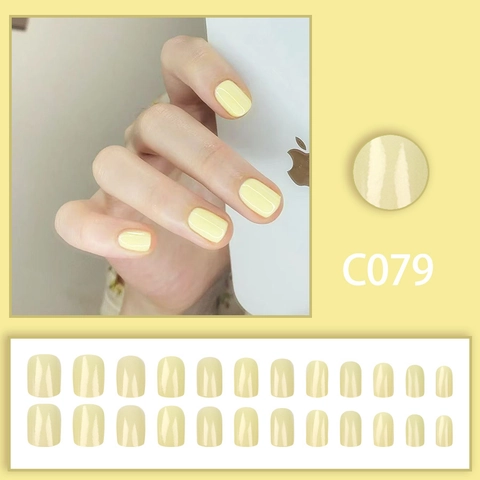 Uñas Postizas Macaron Amarillo Crema Cortas Cuadradas Brillantes ABS Puntas De Uñas Artificiales Para Mujeres