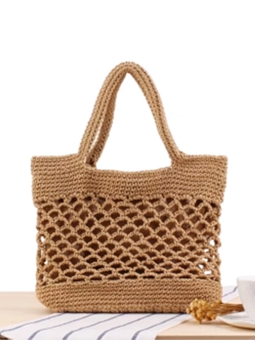 Bolso De Mano De Cuerda De Algodón Tejido A Mano Color Sólido Malla Calada Playa Vacaciones Verano Viaje Boho Para Mujer