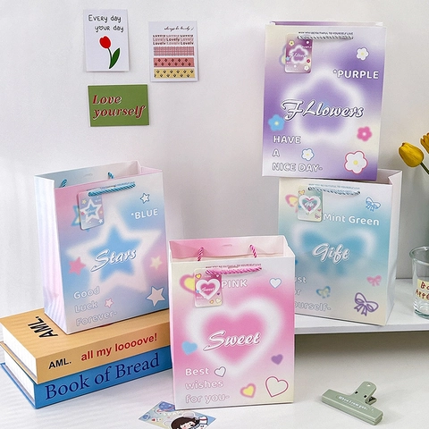 Bolsa De Papel Para Regalo Gradiente De Color Cartulina Blanca Estampado Bolso Con Asa Para Boda Cumpleaños Fiesta Souvenir