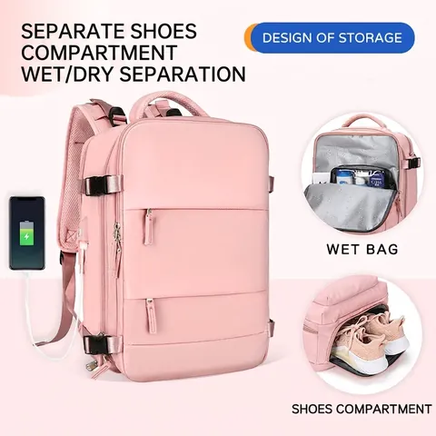 Mochila Viaje Gran Capacidad Avión Impermeable Laptop Puerto USB Bolsa Húmeda Compartimento Zapatos Mujeres Hombres