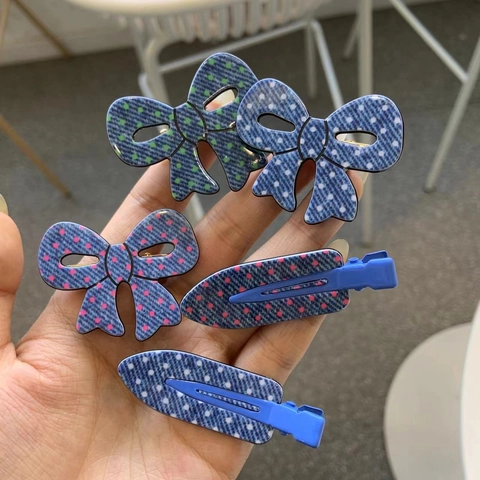 Hair Clips Duckbill Bow Oval Shape Denim Texture Polka Dot Pattern Acrylic Plastic Sweet Korean Style For Women