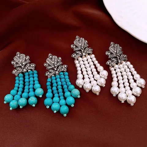 Orecchini Pendenti Con Nappe Barocche Vintage Con Perno In Argento Lega Rhinestone Perla Artificial Turchese Sintetico Per Donna