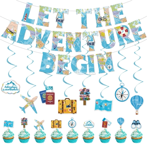 Decorazioni Per Feste A Tema Viaggi Avventura Banner In Cartoncino Riccioli Appesi Topper Per Torte Mappa Del Mondo Laurea