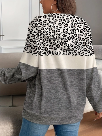 Women Leopard Print Color Block Hoodie Long Sleeve Pullover Sweatshirt With Kangaroo Pocket Casual Polyester Spandex Top
