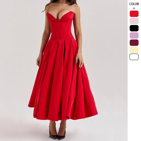 Strapless Corset Midi Dress Elegant Sexy Fishbone Support Solid Color Pleated A-Line Swing Party Gown For Women