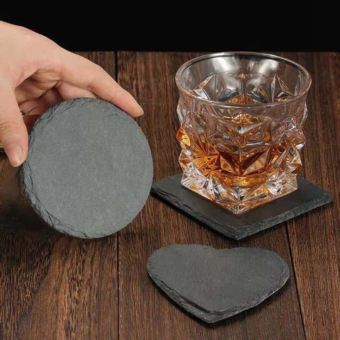 Natural Slate Coasters Black Stone Drink Coaster Heat Resistant Non-Slip Round Square Heart Hexagon Stone Coaster Bar Home Decor