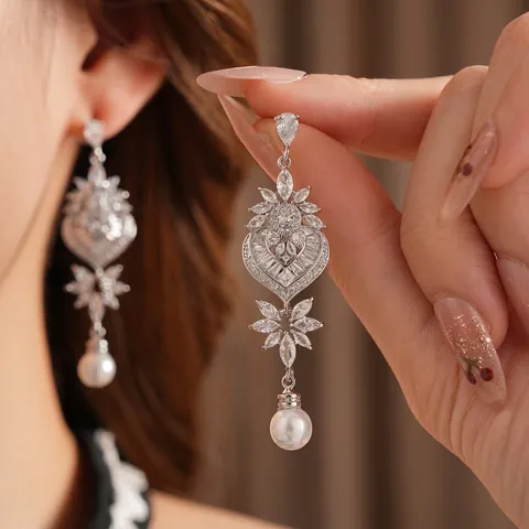 Pendientes Colgantes Elegantes Corazón Hoja Floral Cobre Circonita Con Poste De Plata Perla Artificial Redonda Joyería Para Mujer