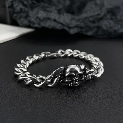 Bracciale A Catena Cubana Con Teschio In Acciaio Inossidabile Da Uomo Gioielli Stile Hip Hop Punk
