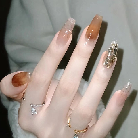 Long Coffin Press On Nails Amber Brown Gradient 3D Rhinestone Fine Glitter Luxury Elegant Fake Nails With Glue