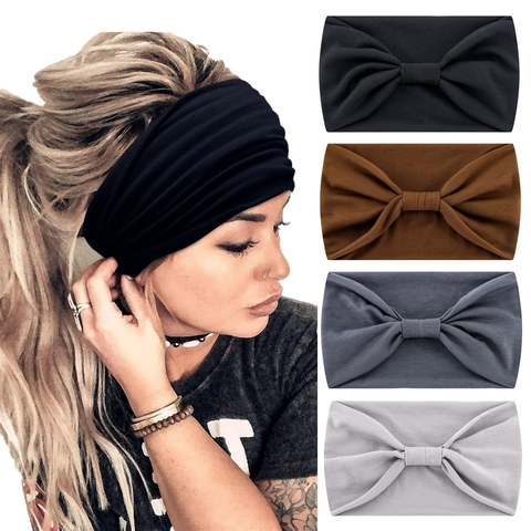 Wide Elastic Headband Solid Color Knot Bow Hair Band Women Sports Yoga Running Soft Workout Chic Hair Accessories