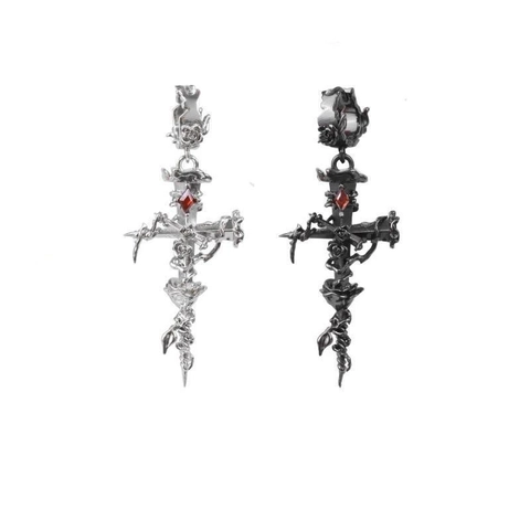Orecchini a Croce di Rosa Gotici Placcati in Argento Con Strass Rossi Spine Orecchini Punk Scuri Gioielli Regalo Donna Uomo