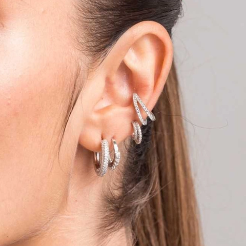 Layered C-Shape Hoop Stud Earrings Micro Paved Zircon Copper Jewelry For Women With 925 Sterling Silver Earring Post