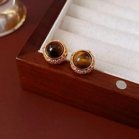 Retro Round Tiger Eye Earrings Zircon Inlaid Copper Studs With Silver Earring Post Vintage Commute Style For Women