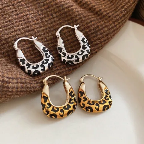 Vintage Leopardenmuster U-Form Creolen Legierung Tropföl Schmuck Mit Silber-Ohrringstift Geometrische Ästhetik Für Damen