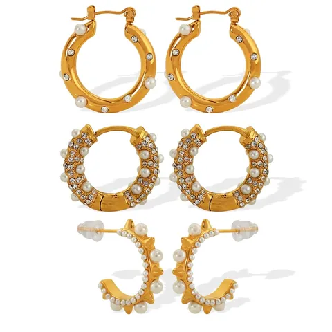 Gold Stainless Steel C-Shaped Hoop Earrings With Artificial Pearl And Rhinestone Vintage Elegant Jewelry For Women