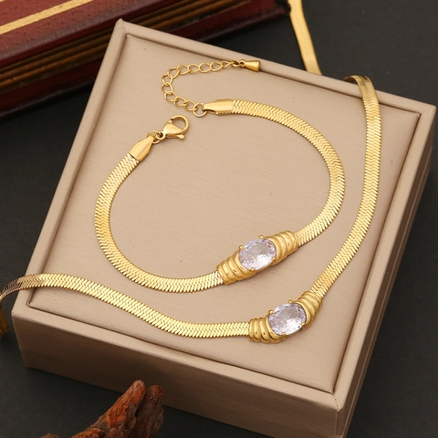 Gioielli In Acciaio Inossidabile Placcato Oro Zirconia Cubica Ovale Catena Serpente Collana Bracciale Orecchini Elegante