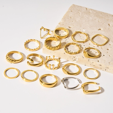 Minimalist 18K Gold Plated Stainless Steel Rings For Women Waterproof Tarnish Free Geometric Croissant Twist Wave Heart