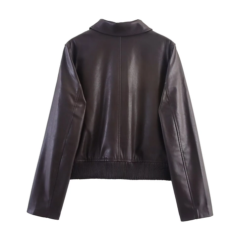 Damen Casual Kunstleder Jacke Revers Reißverschluss Langarm Locker Braun Mantel Mit Taschen Streetwear Außenbekleidung