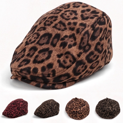 Béret Femme Imprimé Léopard Daim Rétro Vintage Casquette Plate Accessoire Mode Automne Hiver