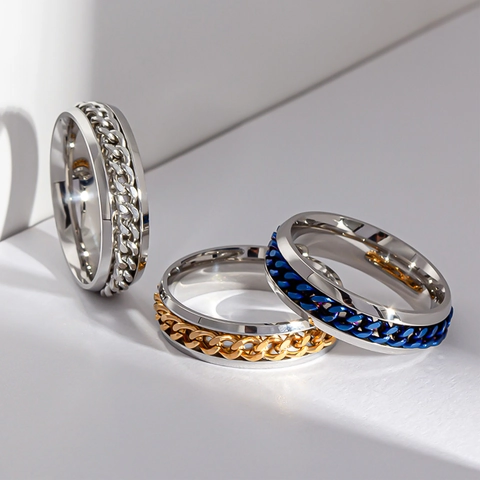 Stainless Steel Spinner Ring Rotating Chain Band Anxiety Relief Punk Industrial Fashion Jewelry For Men Women Unisex