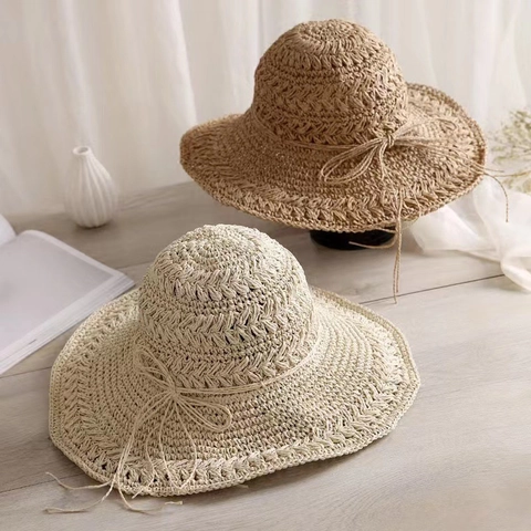 Wide Brim Straw Hat Paper Crochet Hollow Wavy Edge Sun Beach Vacation Foldable Bowknot Elegant Accessory For Women