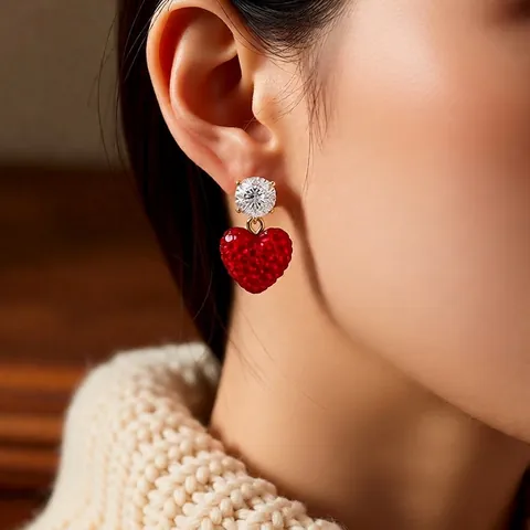 Eleganti Orecchini Pendenti A Cuore Rosso Con Strass Zirconia Rame Placcato Oro Perno In Argento Gioielli Donna
