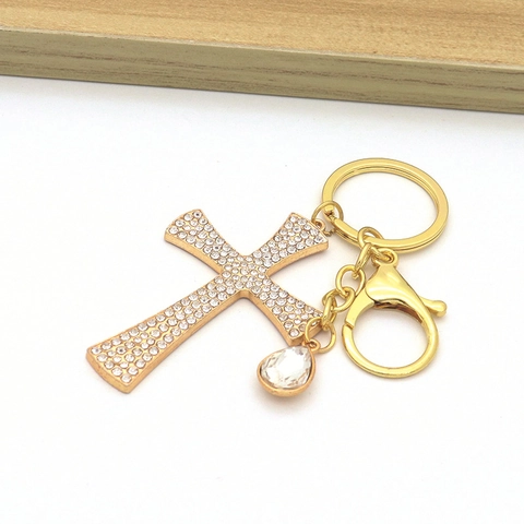 Rhinestone Cross Keychain Gold Plated Zinc Alloy With Water Drop Crystal Pendant Bag Charm Religious Fashion Jewelry