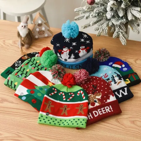 Gorro De Punto De Navidad Con Luces LED Colorido Gorro Con Pompon Fiesta Navideña Invierno Cálido Para Adultos Niños