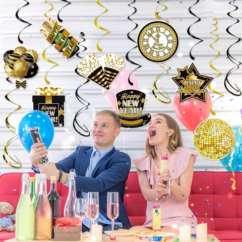 Décorations De Tourbillons Suspendus Pour Fête Nouvel An Noir Or Carton Plastique Spirales Pour Célébration De Réveillon