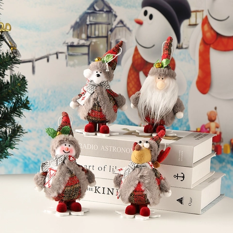 Christmas Plush Doll Hanging Ornaments Santa Snowman Reindeer Bear Plaid Fabric Foam Snowflake Base Tree Decorations