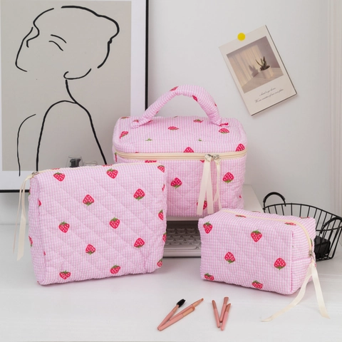 Quilted Cosmetic Bag Strawberry Gingham Travel Makeup Organizer Large Capacity Pouch Pink Floral Soft Storage