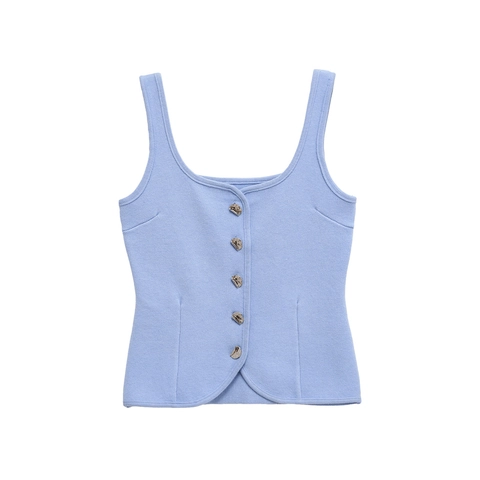 Women Square Neck Knit Tank Top Vest With Metal Heart Buttons French Style Slim Fit Solid Color Sleeveless Summer Top