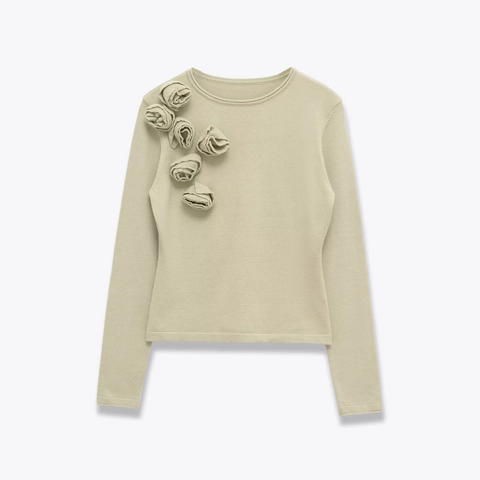 Jersey De Punto Para Mujer Con Decoración De Rosas 3D Cuello Redondo Manga Larga Pullover Elegante Verde Salvia