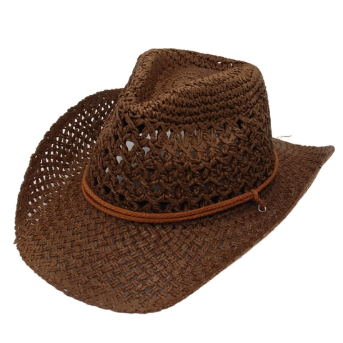 Vintage Western Cowboy Straw Hat Wide Brim Sun Protection Breathable Beach Travel Hat With Adjustable Chin Strap