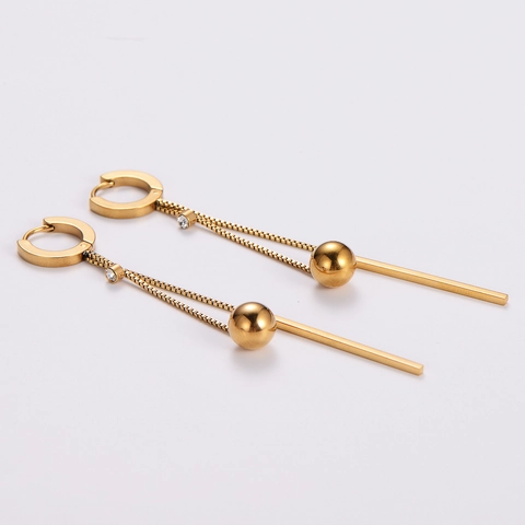 Orecchini Lunghi A Nappa Acciaio Inossidabile 316L Placcato Oro 18K Sfera Rotonda Pendenti A Barra Geometrica Donna