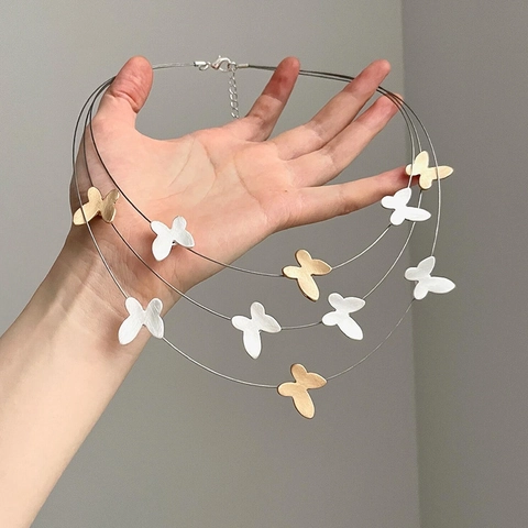 Triple Layer Necklace Alloy Butterfly Pendants Matte Brushed Gold Silver Toned Clavicle Chain For Women Elegant