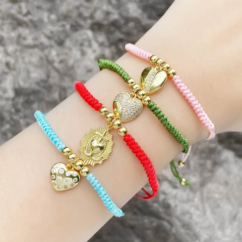 Bracciale Con Ciondolo a Cuore in Rame Placcato Oro Cordino Intrecciato Colorato Regolabile Con Strass Gioielli da Donna