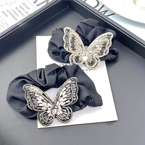 Eleganter Schmetterling Strass Haargummi Kristall Satin Haargummi Und Feder Haarklammer Fee Haar Accessoire Für Damen