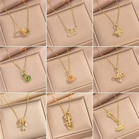 Modieuze 18K Vergulde Roestvrijstalen Hanger Ketting Voor Dames Luxe Zirkoon Ingelegd Elegant Sieraden Accessoire