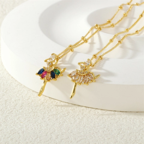 Collar con Colgante de Bailarina de Ballet de Lujo para Mujer Cobre Chapado en Oro Hueco Incrustado Diamantes de Imitación