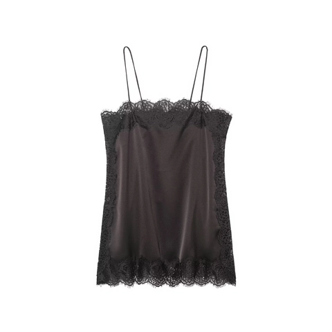Elegant Women Satin Lace Camisole Top And Maxi Skirt Sleeveless Sexy Streetwear Solid Color Black Fashion Outfits