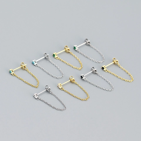 S925 Sterling Silver Tassel Chain Stud Earrings Vintage Rhinestone Geometric Drop Earrings Korean Style Women Jewelry Gift